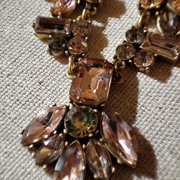 J Crew Emerald Cut Peach and Smoke Rhinestone Statement Necklace Citrine Navette - Picture 16 of 16